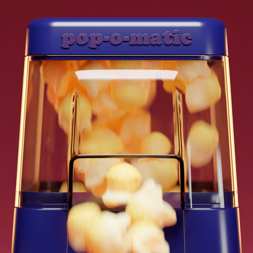 A still image taken from a 3D animation for ‘Popcorn Day’ showing an at-home popcorn machine filling up some paper buckets. Created by Fictionizer.tv. Een afbeelding uit een 3D Animatie voor Popcorndag. Het laat een popcornmachine zien die een aantal papieren bekers vult. Gemaakt door Fictionizer.tv.