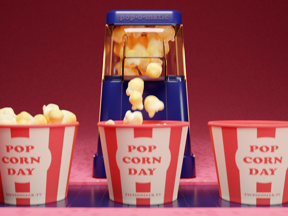 A still image taken from a 3D animation for ‘Popcorn Day’ showing an at-home popcorn machine filling up some paper buckets. Created by Fictionizer.tv. Een afbeelding uit een 3D Animatie voor Popcorndag. Het laat een popcornmachine zien die een aantal papieren bekers vult. Gemaakt door Fictionizer.tv. Fictionizer | 3D Animatie | Animatiestudio | Popcorn Day