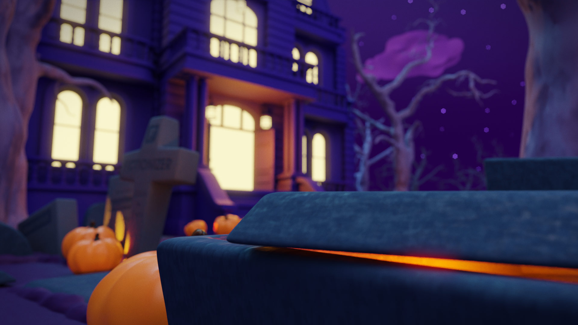 A still image taken from a 3D animation created for Halloween. It shows an old mansion surrounded by a spooky cemetery. Created by Fictionizer.tv. Een afbeelding uit een 3D Animatie gemaakt voor Halloween. Het laat een oud landhuis zien, omringd door een spookachtige begraafplaats. Gemaakt door Fictionizer.tv.