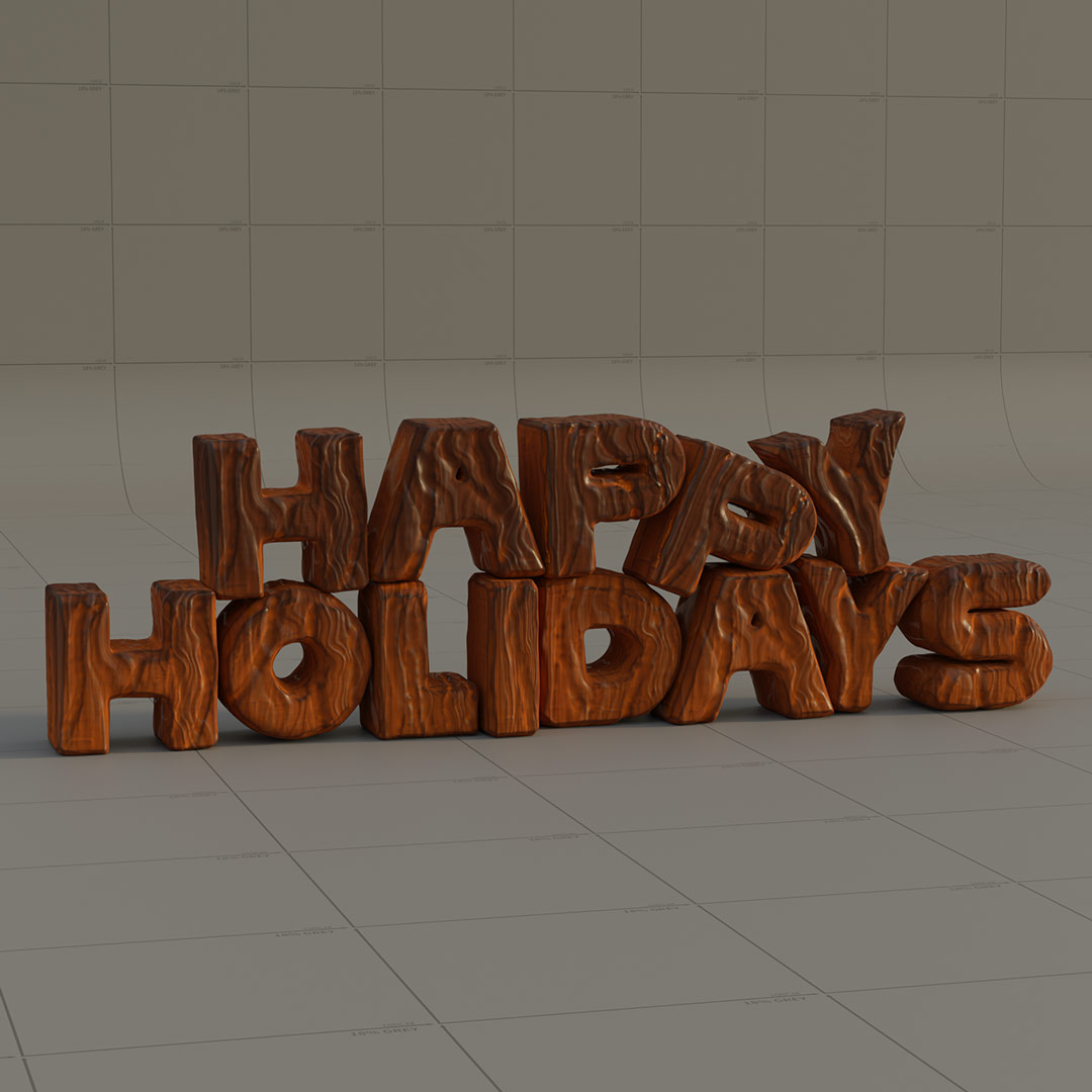 A still image taken from a 3D animation created for the Holidays showing the text ‘Happy Holidays’ 3D sculpted from wood. Created by Fictionizer.tv. Een afbeelding uit een 3D Animatie voor de feestdagen’. Het laat de tekst ‘Happy Holidays’ zien gevormd uit hout. Gemaakt door Fictionizer.tv.