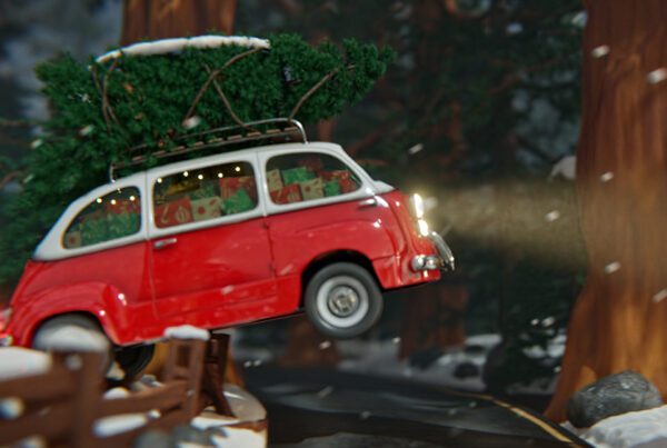 A still image taken from a 3D animation created for the Holidays, named: ‘Driving Home for Christmas’. It shows a red and white Fiat 600 mini van jumping a wooden fence in a snowy landscape. Created by Fictionizer.tv. Een afbeelding uit een 3D Animatie voor de feestdagen met de naam: ‘Driving Home for Christmas’. Het laat een rood met witte Fiat 600 minibus zien die over een houten hek springt in een besneeuwd landschap. Gemaakt door Fictionizer.tv.