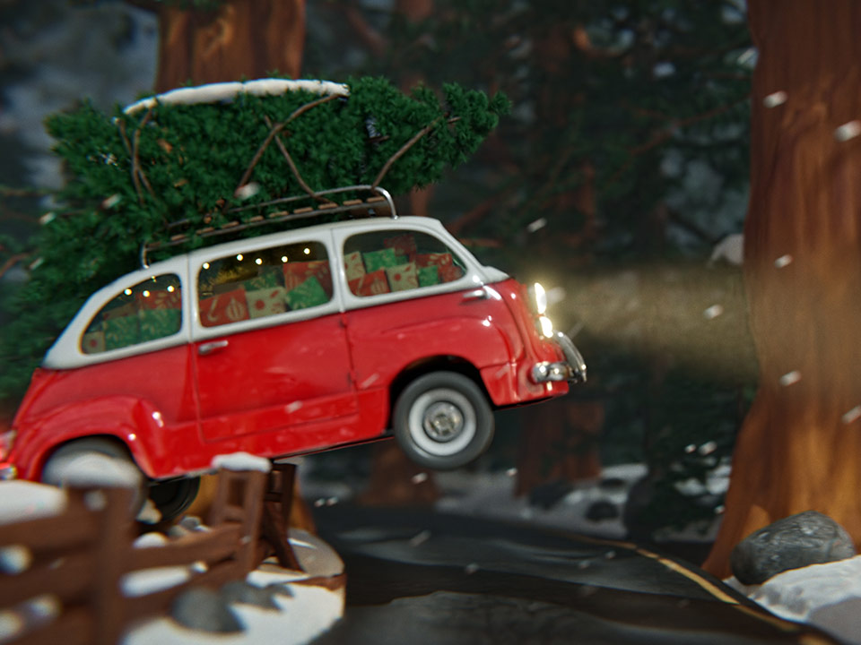 A still image taken from a 3D animation created for the Holidays, named: ‘Driving Home for Christmas’. It shows a red and white Fiat 600 mini van jumping a wooden fence in a snowy landscape. Created by Fictionizer.tv. Een afbeelding uit een 3D Animatie voor de feestdagen met de naam: ‘Driving Home for Christmas’. Het laat een rood met witte Fiat 600 minibus zien die over een houten hek springt in een besneeuwd landschap. Gemaakt door Fictionizer.tv.