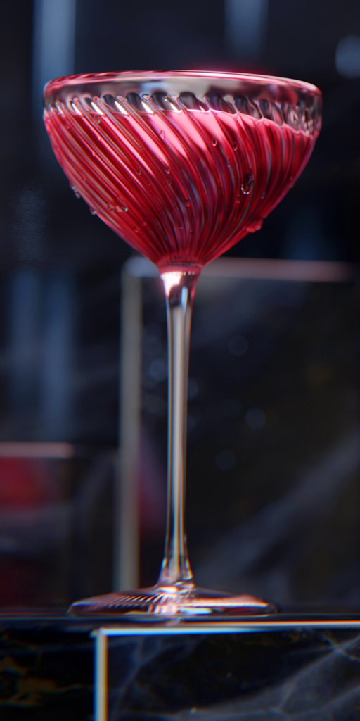 A still image taken from a 3D animation for a Raspberry Gin Showing a Stylish cocktail glass. Gemaakt door Fictionizer.tv. Een afbeelding uit een 3D Animatie voor een Frambozen Gin. Het laat een cocktailglas zien. Gemaakt door Fictionizer.tv. Een afbeelding uit een 3D Animatie voor een Frambozen Gin. Het laat de fles van de Gin, een cocktailglas en een aantal frambozen zien. Gemaakt door Fictionizer.tv.