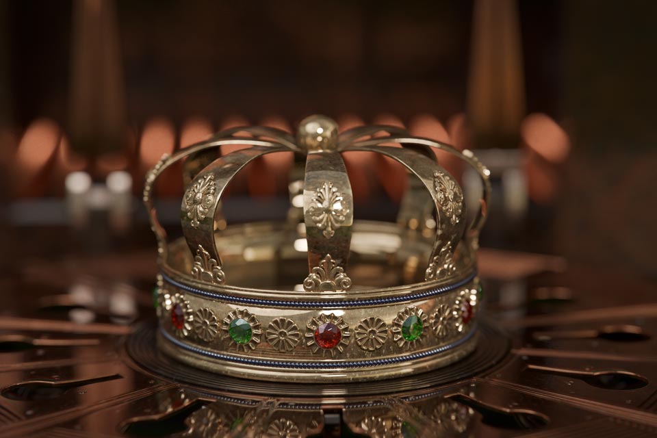 A still image taken from a 3D animation of a close up of agolden crown, created for ‘Kings day’, or ‘Koningsdag’ in Dutch at Fictionizer.tv. Een afbeelding uit een 3D Animatie van een close up van een gouden kroon, gemaakt voor Koningsdag op Fictionizer.tv.