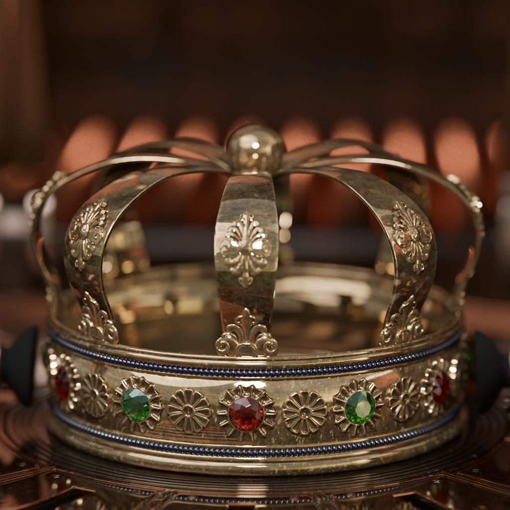 A still image taken from a 3D animation of a golden crown, created for ‘Kings day’, or ‘Koningsdag’ in Dutch at Fictionizer.tv. Een afbeelding uit een 3D Animatie van een gouden kroon, gemaakt voor Koningsdag op Fictionizer.tv.